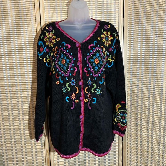 Work in Progress Classics Vintage 1990s Black Floral Knit Cardigan Sweater Large - Picture 1 of 16